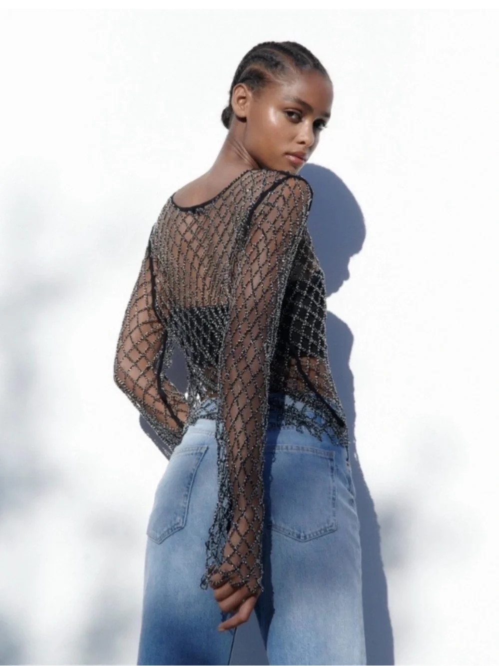 Zara Beaded Mesh Top XS - Black Diamond Net Long Sleeve Crop Overlay NWOT